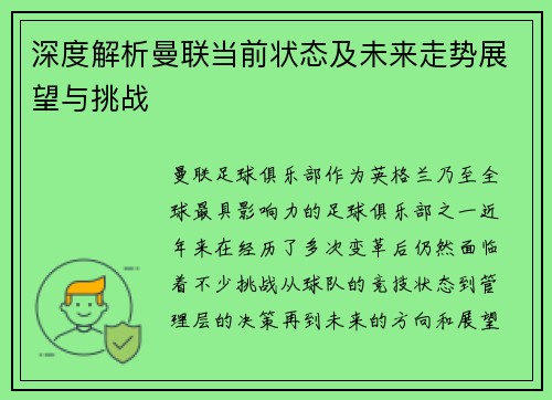 深度解析曼联当前状态及未来走势展望与挑战