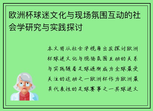 欧洲杯球迷文化与现场氛围互动的社会学研究与实践探讨