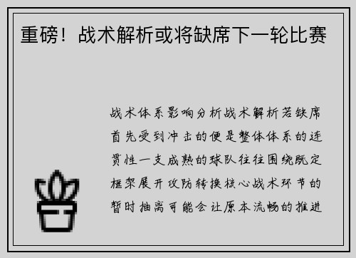 重磅！战术解析或将缺席下一轮比赛