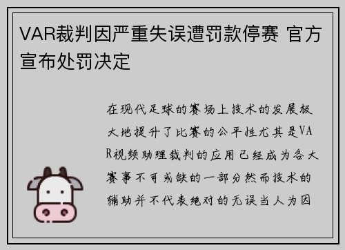 VAR裁判因严重失误遭罚款停赛 官方宣布处罚决定